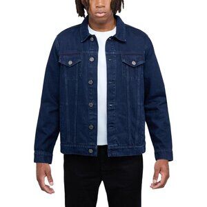 Mens Navy  Denim Jacket Washed Ripped Distressed Stretch Casual Trucker